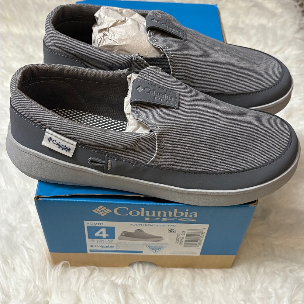 New In Box Columbia Youth Size 4 Grey Boatside PFG Slip On Shoes